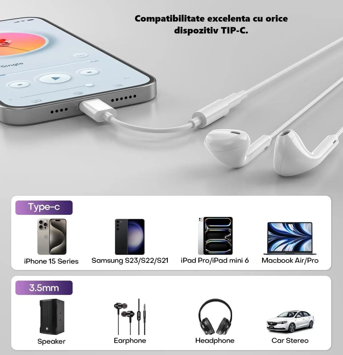 Adaptor audio android Type - C la Jack 3.5mm stereo, DAO, alb, 10cm, bluetooth ready, ambalaj blister individual - DAO Shop