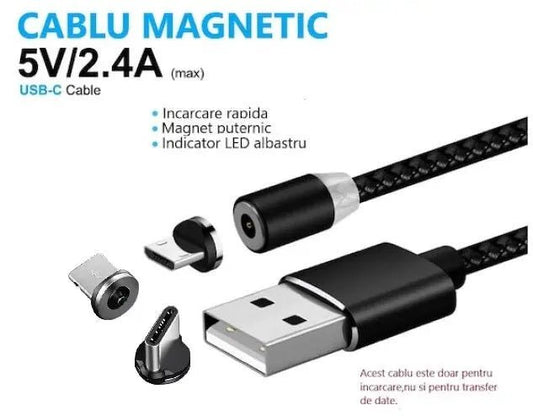 Cablu de incarcare DAO® 3in1 Magnetic cu LED USB - C, MicroUSB si Lightning iPhone, Negru - DAO Shop