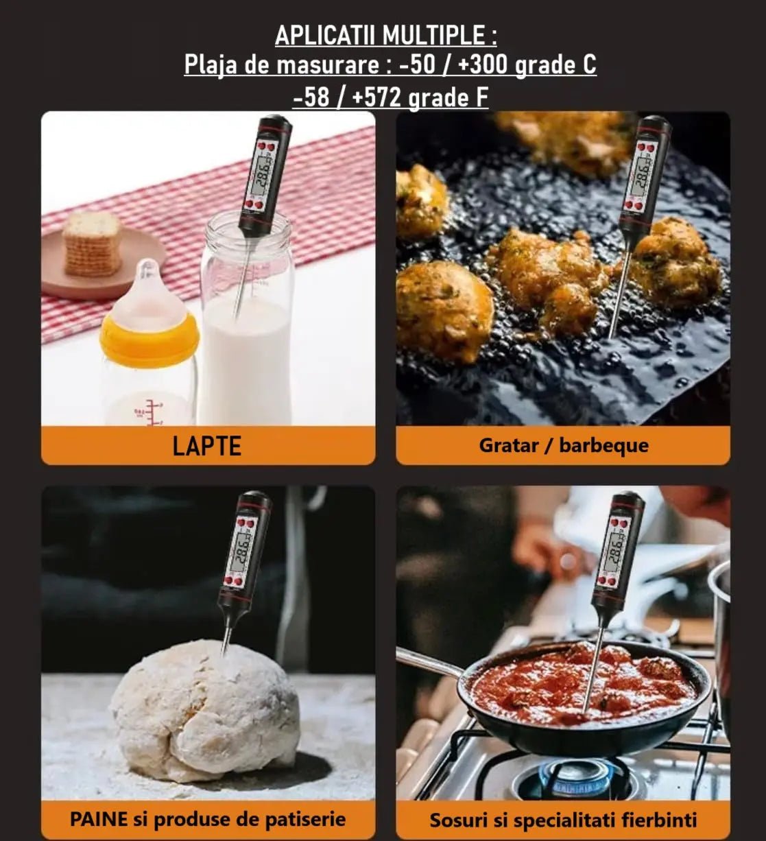 Termometru digital DAO din oțel inoxidabil pentru carne, alimente, coacere, apă și lichide cu masurare instantanee - DAO Shop