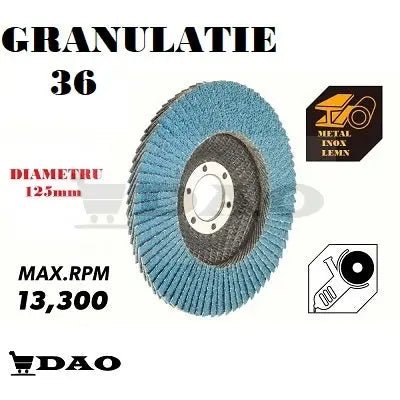 Disc lamelar DAO, 125 mm, granulatie 36, metal, inox, lemn, gaura flex 22.23mm - DAO Shop