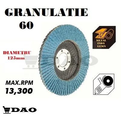 Disc lamelar DAO, 125 mm, granulatie 60, metal, inox, lemn, gaura flex 22.23mm - DAO Shop