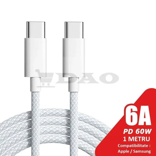 Incarcator de priza 2.4A cu Quick Charge 3.0 si USB Type - C cu cablu TypeC - TypeC 1 metru panzat max.6A 45W - DAO Shop