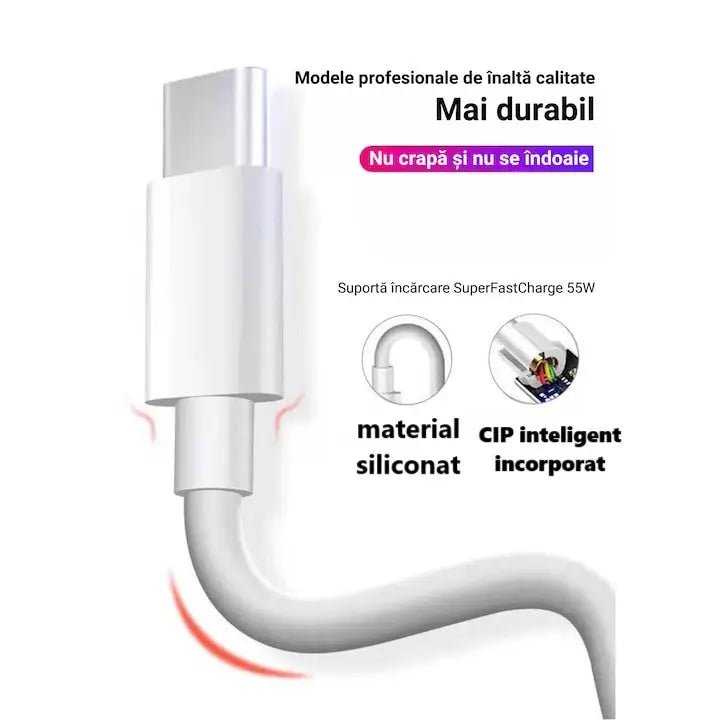 Cablu date / incarcare rapida 5A,DAO®, SuperCharge 55W - 40W - 22.5W pentru Huawei, compatibil Samsung, Xiaomi, Oppo, OnePlus, PREMIUM, USB la USB - C, Type C, 1m, alb - DAO Shop
