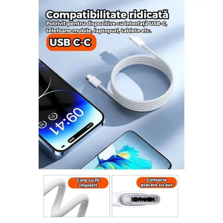 Cablu de incarcare / date DAO compatibil Apple TIP C - TIP C , fast - charge, alb, panzat - DAO Shop
