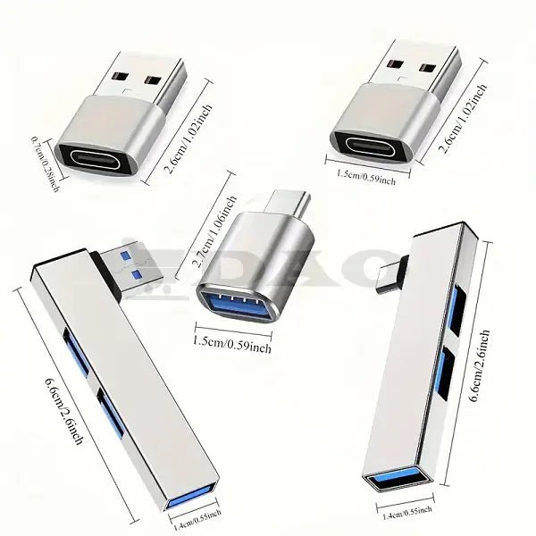 Set 6 adaptoare USB - A, USB - C, spliter USB, metal - plastic, gri - DAO Shop
