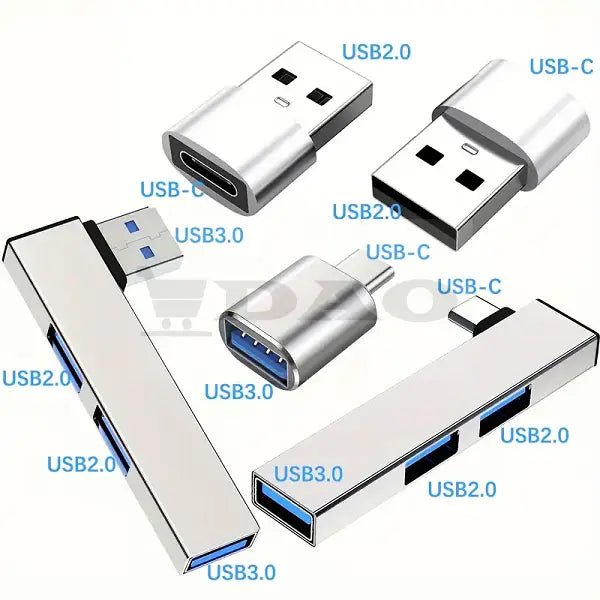 Set 6 adaptoare USB - A, USB - C, spliter USB, metal - plastic, gri - DAO Shop