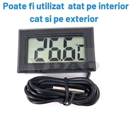 Termometru digital , buton On - Off, cu sonda DAO pentru frigider/acvariu/etc, negru, 48x28x15 mm, interios - exterior - DAO Shop