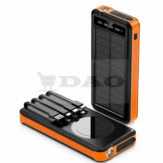 Baterie Externa Solara 20000 mAh cu Incarcare Wireless Magnetica, Cabluri Incorporate, Lanternã LED, Power Bank Portabil Rezistent la Exterior, Portocaliu/Negru DAO Shop