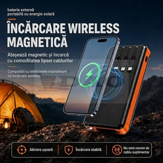 Baterie Externa Solara 20000 mAh cu Incarcare Wireless Magnetica, Cabluri Incorporate, Lanternã LED, Power Bank Portabil Rezistent la Exterior, Portocaliu/Negru DAO Shop