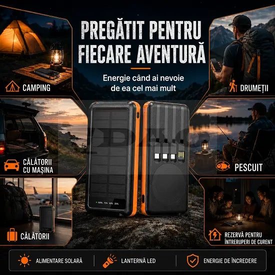 Baterie Externa Solara 20000 mAh cu Incarcare Wireless Magnetica, Cabluri Incorporate, Lanternã LED, Power Bank Portabil Rezistent la Exterior, Portocaliu/Negru DAO Shop