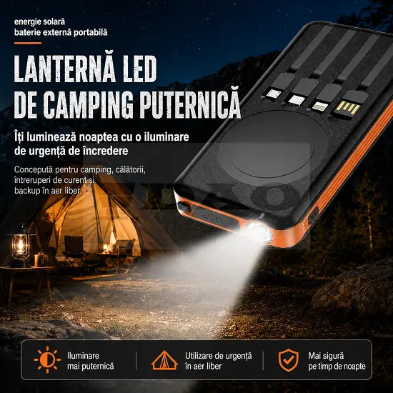 Baterie Externa Solara 20000 mAh cu Incarcare Wireless Magnetica, Cabluri Incorporate, Lanternã LED, Power Bank Portabil Rezistent la Exterior, Portocaliu/Negru DAO Shop