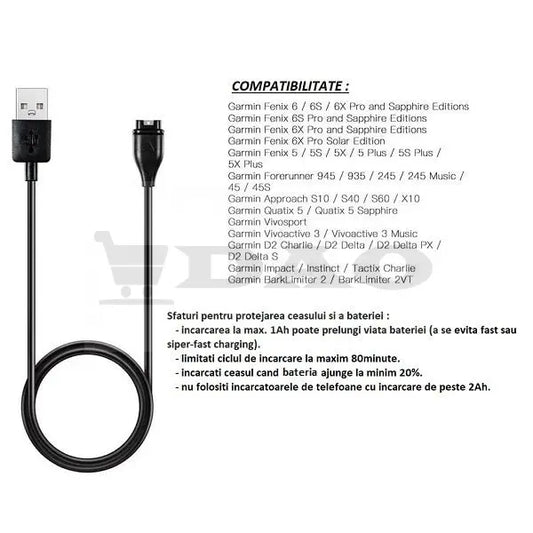 Cablu de incarcare DAO, compatibil GARMIN Fenix, Vivomove, Forerunner, Venu, cu 4 pini , 1metru, negru - DAO Shop
