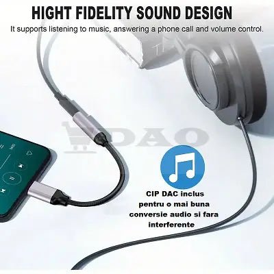 Adaptor audio TipC pentru casti, android si IOS, textil, metal - plastic, cip DAC inclus - DAO Shop