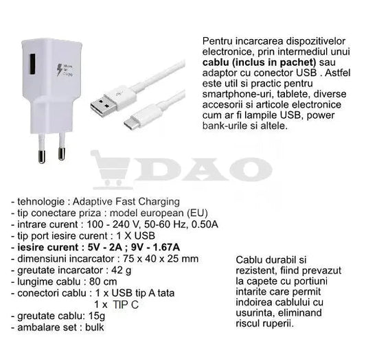 Incarcator complet DAO, adaptor priza fast - charge si cablu TipC 1metru, 2.0Amperi, EP - TA20EWE - DAO Shop