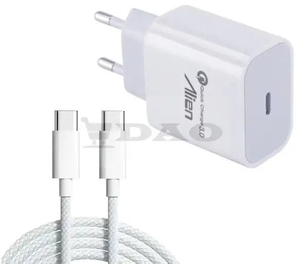 Incarcator de priza 2.4A cu Quick Charge 3.0 si USB Type - C cu cablu TypeC - TypeC 1 metru panzat max.6A 45W - DAO Shop