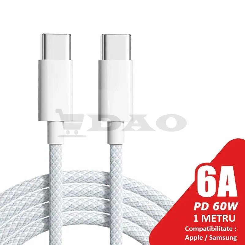 Incarcator de priza 2.4A cu Quick Charge 3.0 si USB Type - C cu cablu TypeC - TypeC 1 metru panzat max.6A 45W - DAO Shop
