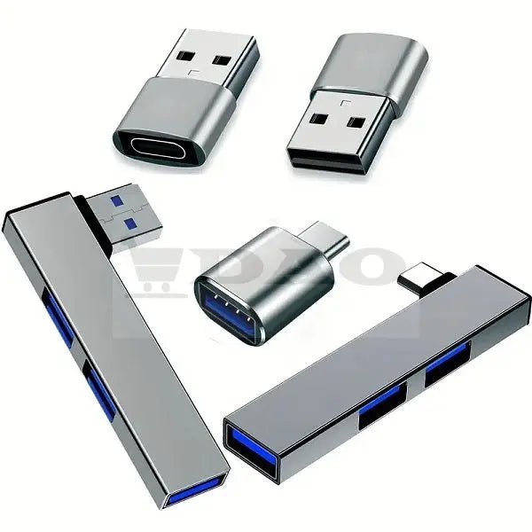 Set 6 adaptoare USB - A, USB - C, spliter USB, metal - plastic, gri - DAO Shop