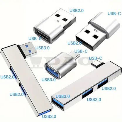 Set 6 adaptoare USB - A, USB - C, spliter USB, metal - plastic, gri - DAO Shop
